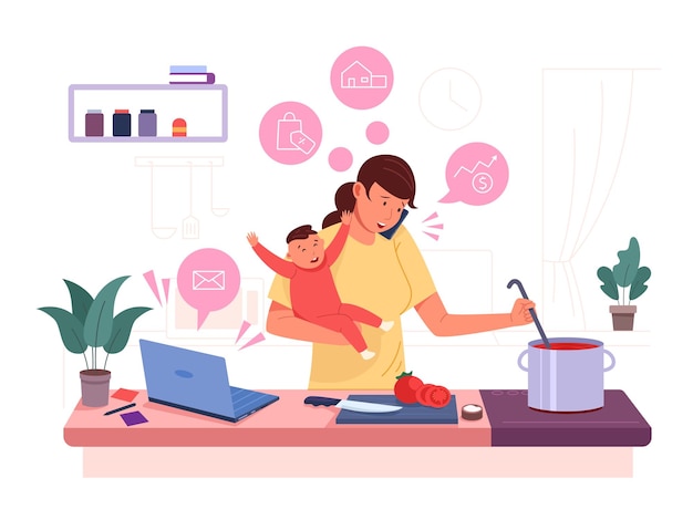Vector multitasking mom busy mother with baby woman task work home family stress distracted kitchen cooking housewife management parent chaos children kid flat garish vector