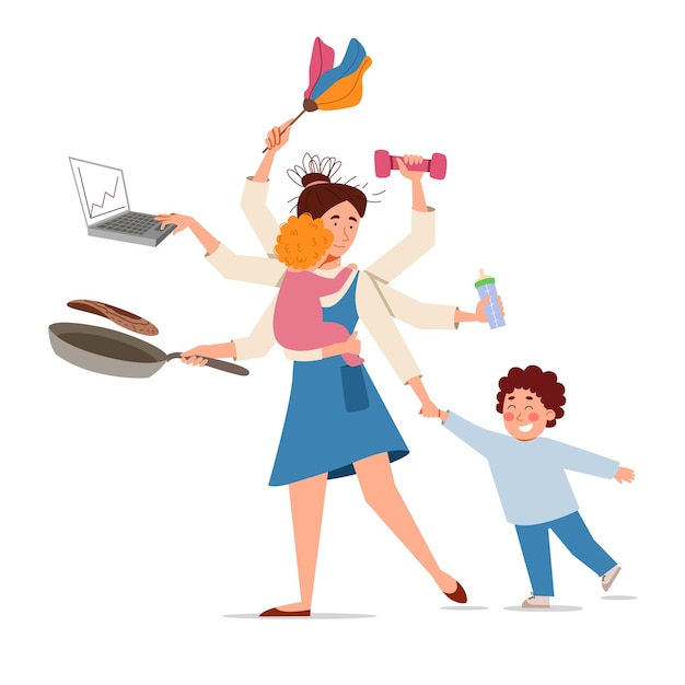 Multitasking mom in the image of Shiva A woman cooks food cleans dust takes care of children