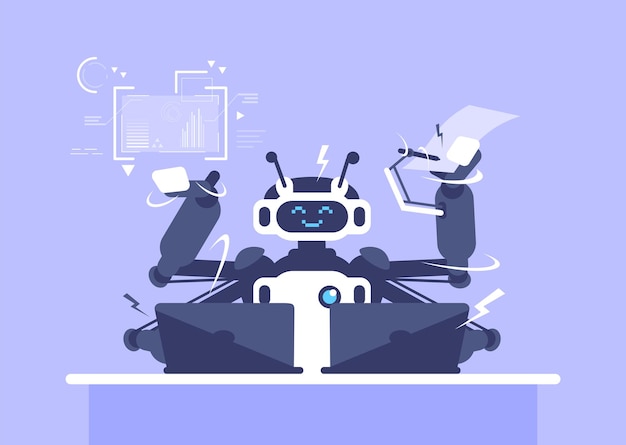 Multitasking robot flat vector illustration. Office worker, manager with artificial intelligence isolated cartoon character. Ai employee working with laptops. Humanoid, cyborg, android at workplace