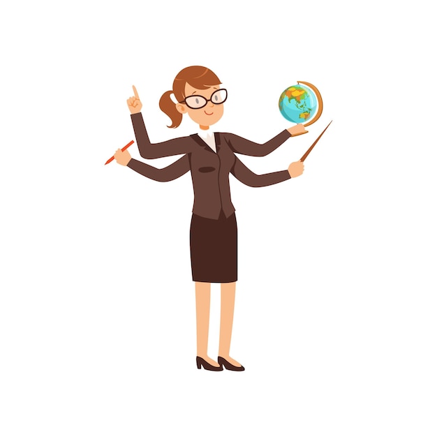 Vettore insegnante multitasking con un puntatore e un globo, personaggio di giovane donna con molte mani illustrazione vettoriale isolato su sfondo bianco.