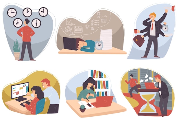 Vector multitasking and time management for managers and businessmen people dealing with deadlines working on projects in teams exhausted character sleeping at work by laptop vector in flat style