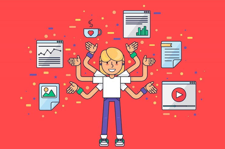 Vector 多任務的網頁開發者. 女子編碼員,程序員,seo,smm營銷瓜,在應用程式和網站優化上工作.