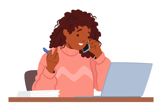 Multitasking Woman Character Working On Laptop And Making A Phone Call Simultaneously Efficiently Managing Tasks