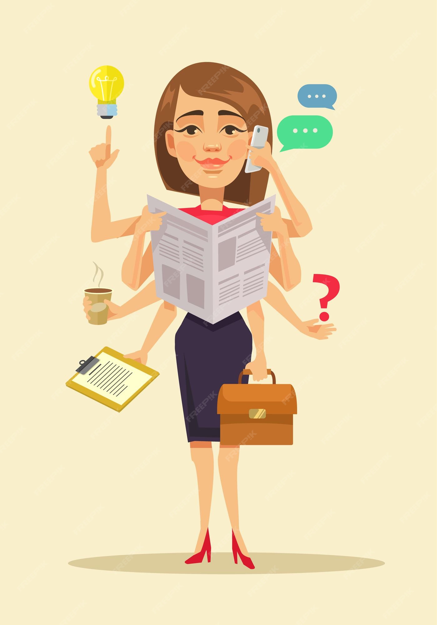 Premium Vector | Multitasking woman, flat cartoon illustration Premium Vector | Multitasking woman, flat cartoon illustration