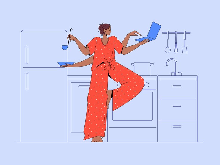 Vector multitasking woman in kitchen flat vector illustration
