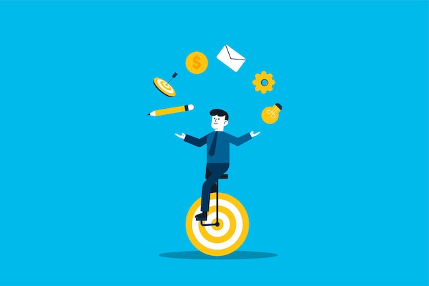 Multitasking work and time management concept skillful businessman riding unicycle juggling elements