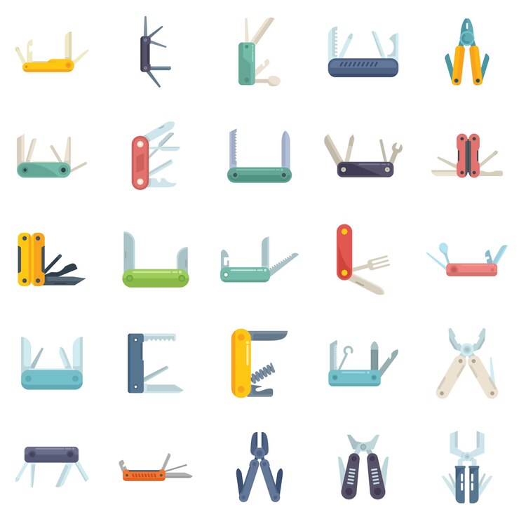 Vector multitool icons set flat vector multifunctional knife