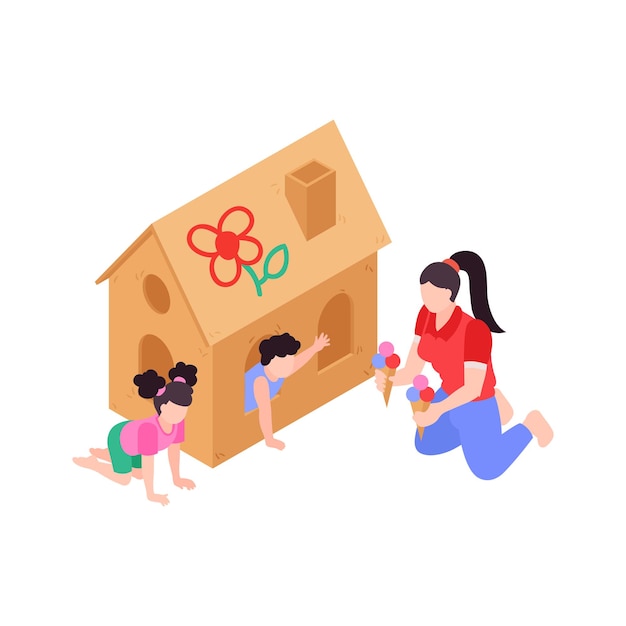 Mum giving ice cream to children on playground 3d isometric  illustration