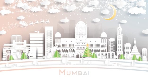 Vector mumbai india city skyline in paper cut style with snowflakes moon and neon garland