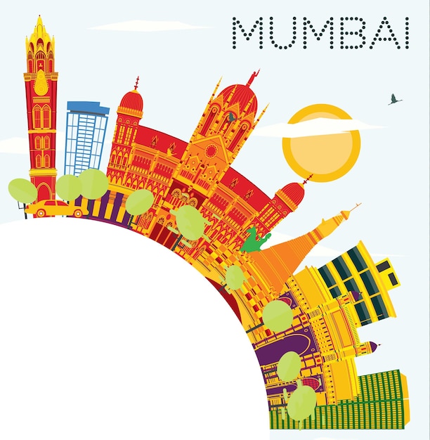 컬러 건물, 푸른 하늘 및 복사 공간이 있는 인도 뭄바이 스카이라인. 벡터 일러스트 레이 션. 역사적인 건축과 비즈니스 여행 및 관광 개념입니다.