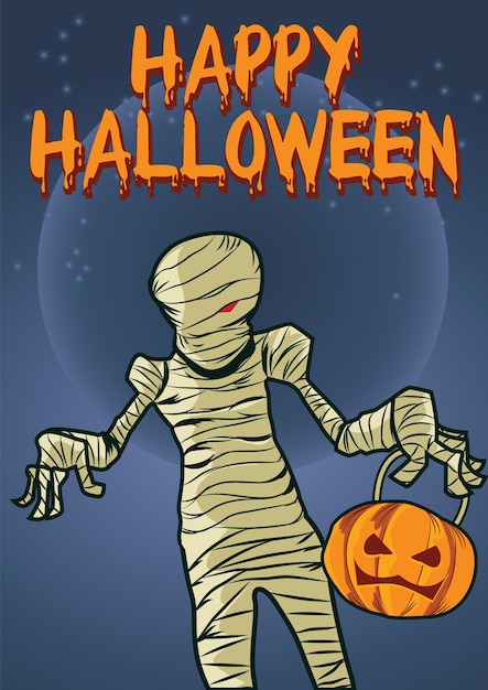Mummie op Halloween en pompoenbeeldverhaal gekleurde Affiche