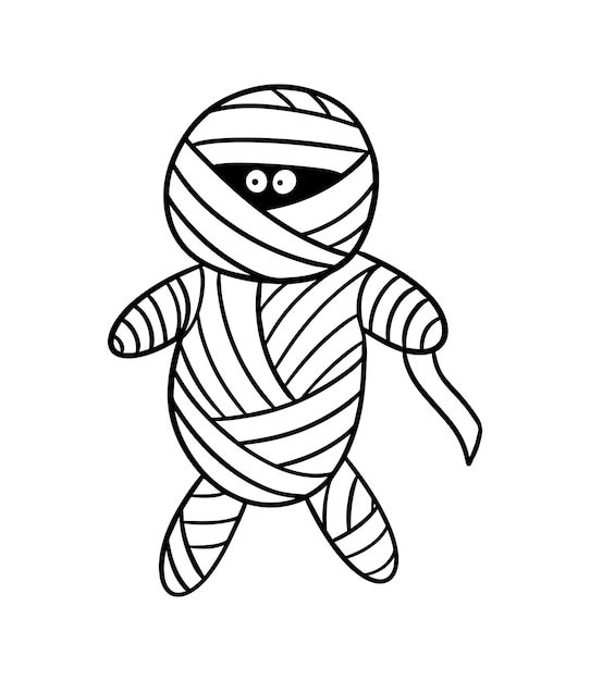 Mummy in bandage embalmed body halloween character holiday doodle linear cartoon coloring book