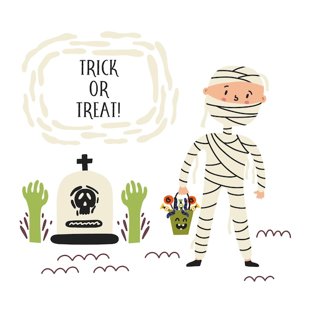 Mummy child with candy in the cemetery