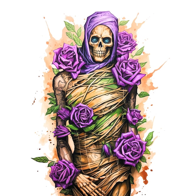 Vector mummy surrounded by roses watercolor paint