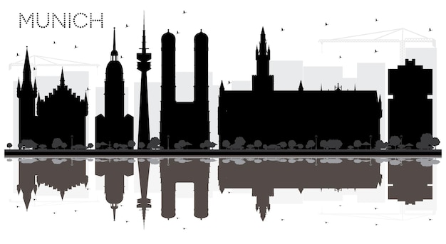 München Duitsland City skyline zwart-wit silhouet met reflecties. Zakelijk reisconcept. München Cityscape met bezienswaardigheden.