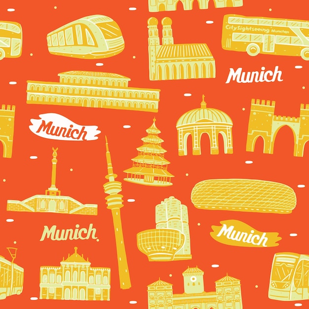 Munich city seamless pattern with landmarks elements