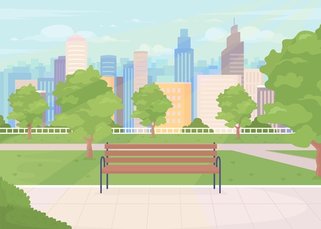 Vector municipal park flat color vector illustration green space to residents open lawn space public place for relaxation and running 2d simple cartoon landscape with city on background