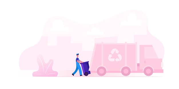 Vector municipal recycling service worker wearing uniform loading litter bin to garbage truck for transportation on recycle utilization factory.cartoon flat  illustration