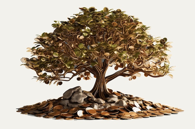 munten en boom geïsoleerd op wit investeringsconcept 3D-rendering