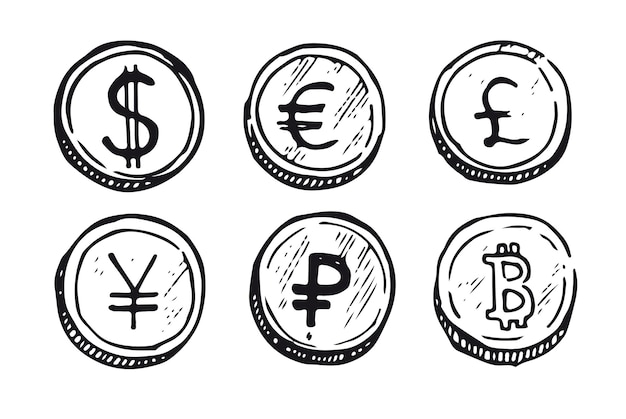 Munten van de dollar euro roebel bitcoin hand getrokken collectie geïsoleerd op een witte achtergrond
