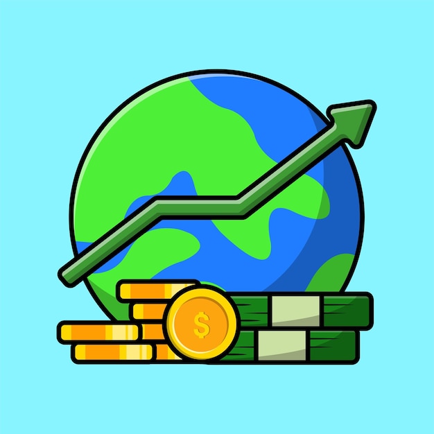 Muntgeld met wereldbol en statistiek Cartoon vectorpictogramillustratie
