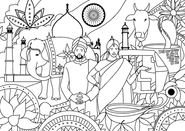 国の有名な要素やアイコンで飾られたインドの国旗の壁画落書きアート