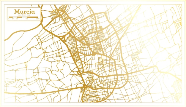 Mappa della città di murcia in spagna in stile retrò con mappa di contorno a colori dorati