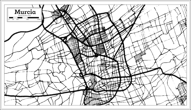 レトロなスタイルのムルシアスペインの都市地図。白地図。ベクトルイラスト。