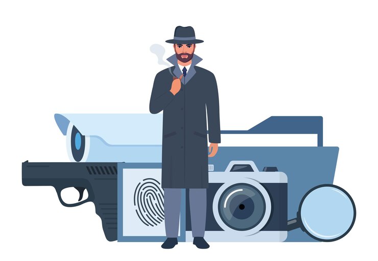 Vector murder investigation icons composition private detective in gray hat and coat investigation tools