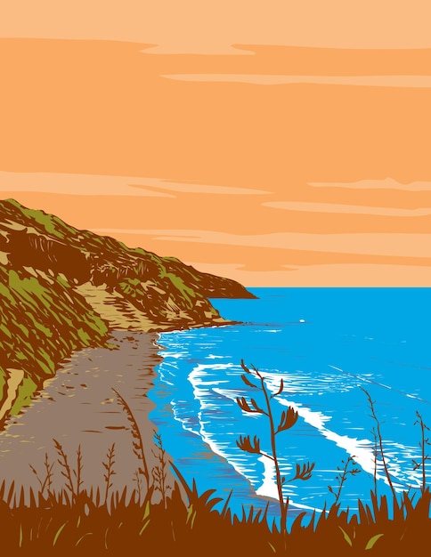 Vector muriwai beach in auckland nieuw-zeeland art deco wpa poster art