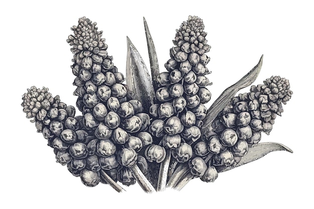 Muscari flowers retro drawin isolated on background Cartoon vector illustration