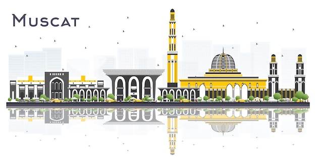 Muscat oman city skyline with gray buildings and reflections isolated on white background. vector illustration. tourism concept with modern buildings. muscat cityscape with landmarks.