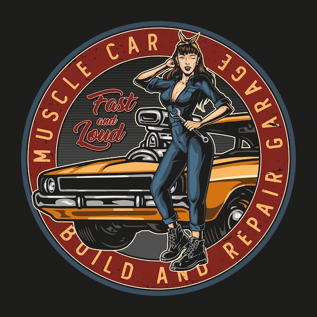 Vector muscle car custom garage round emblem