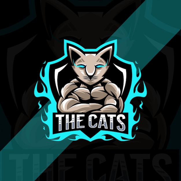 Vector muscle cat mascot logo esport design