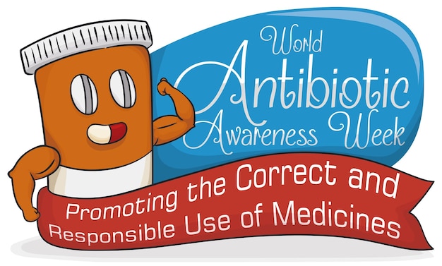 抗生物質啓発週間のための漫画風の丸薬とリボンが付いた筋肉の薬瓶