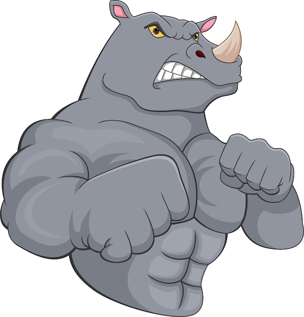 Muscle rhino cartoon on white background