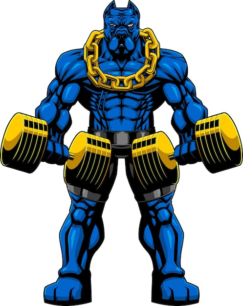 Musculaire Blue PitBull Bodybuilder Mascotte die oefent met dumbbells