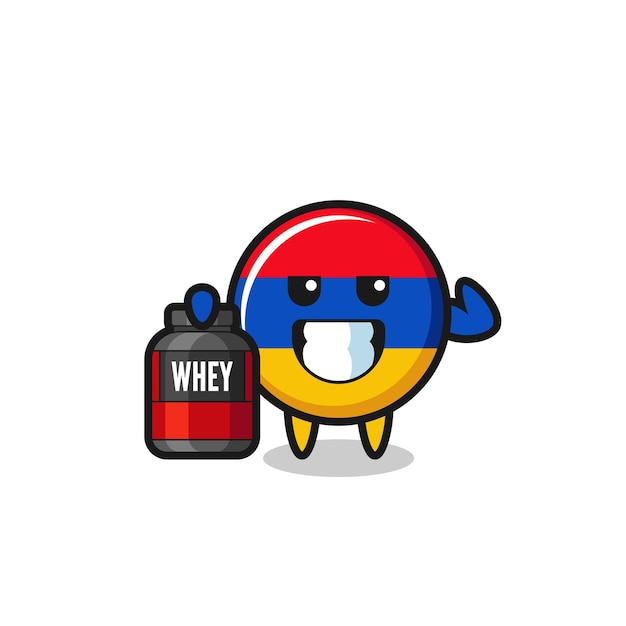 The muscular armenia flag character is holding a protein supplement