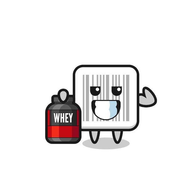 The muscular barcode character is holding a protein supplement