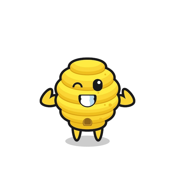 The muscular bee hive character is posing showing his muscles , cute design