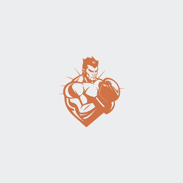 ボクシング・リングの背景の筋肉ボクサーのロゴ ボクシングのエンブレムロゴのデザインイラストが白に描かれています