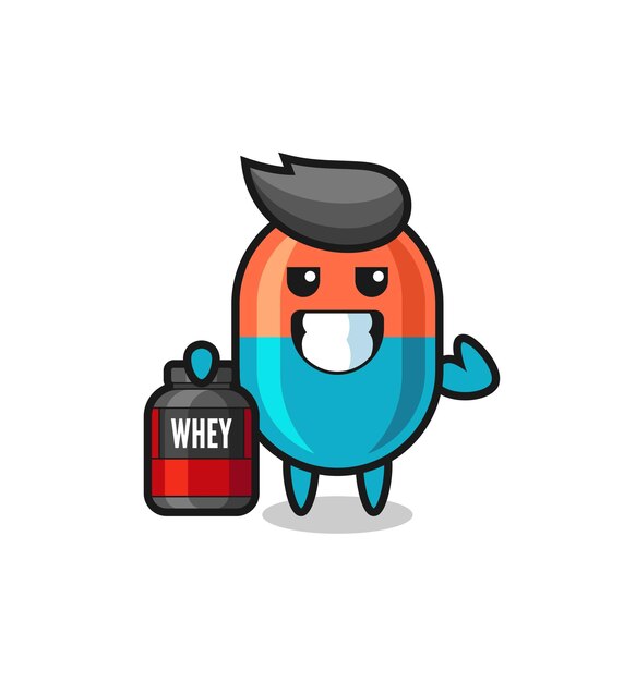 The muscular capsule character is holding a protein supplement , cute style design for t shirt, sticker, logo element