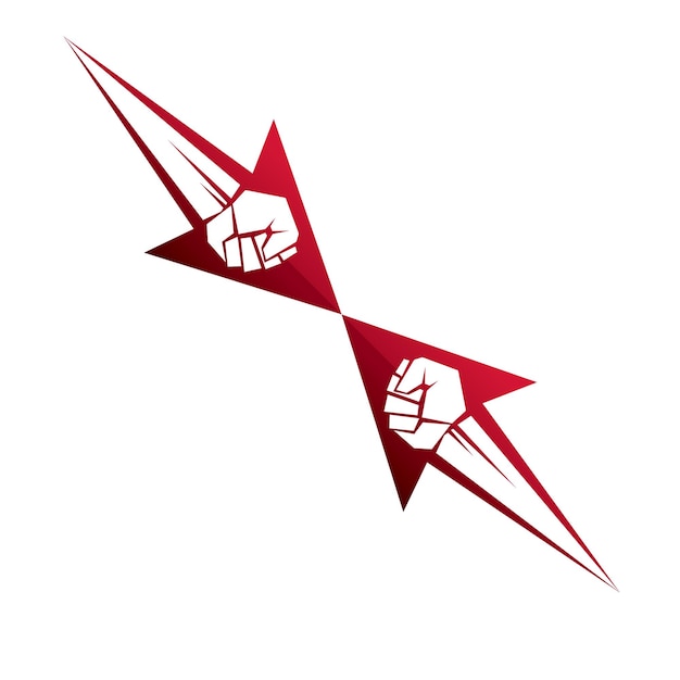 Muscular clenched fist vector emblem created in shape of arrow. Social revolution concept.