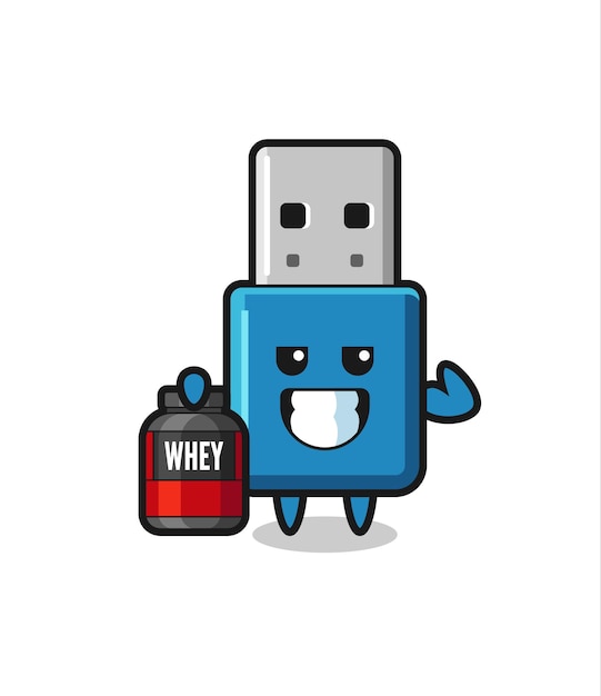 The muscular flash drive usb character is holding a protein supplement , cute style design for t shirt, sticker, logo element