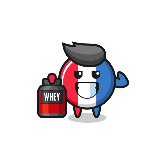 The muscular france flag badge character is holding a protein supplement