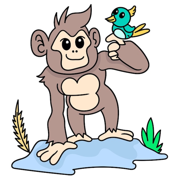 Muscular gorillas play with small birds, doodle draw kawaii. illustration art