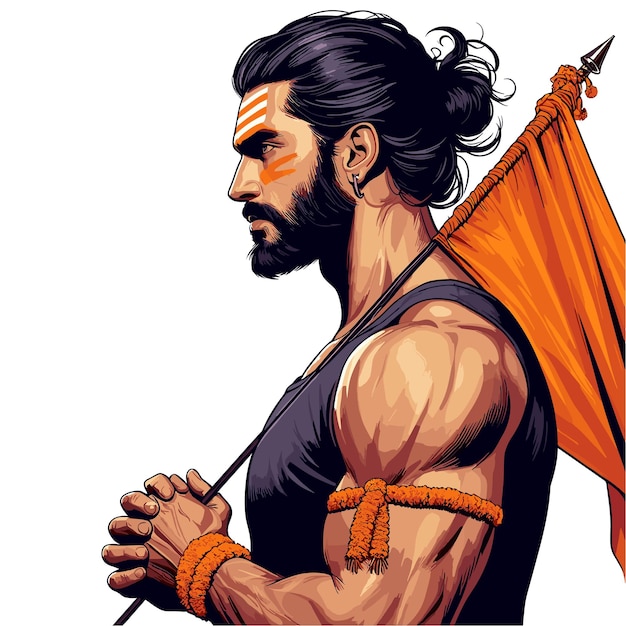 Vector an muscular hindu man and orange tilak with and a saffron bhagva flag in his hand vector