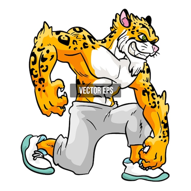 Vettore muscolare jaguar leopardo inginocchiato animale mascotte illustrazione vettoriale