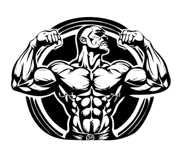 Vector muscular man showing muscles logo sketch hand drawn.doodle style.vector illustration.