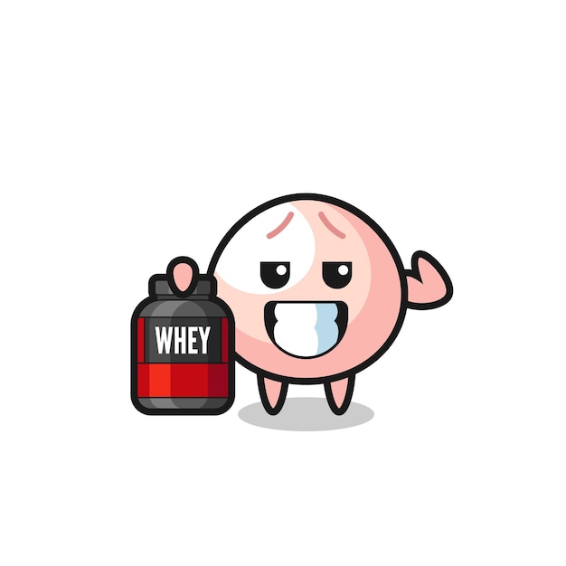 The muscular meatbun character is holding a protein supplement , cute style design for t shirt, sticker, logo element